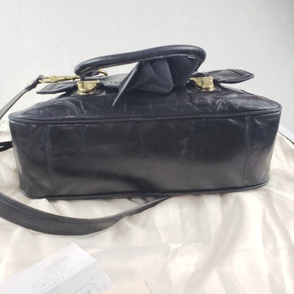 Coach Poppy Pushlock Satchel Black Waxed Leather Fuchsia Lining Removable Strap - Picture 2 of 14